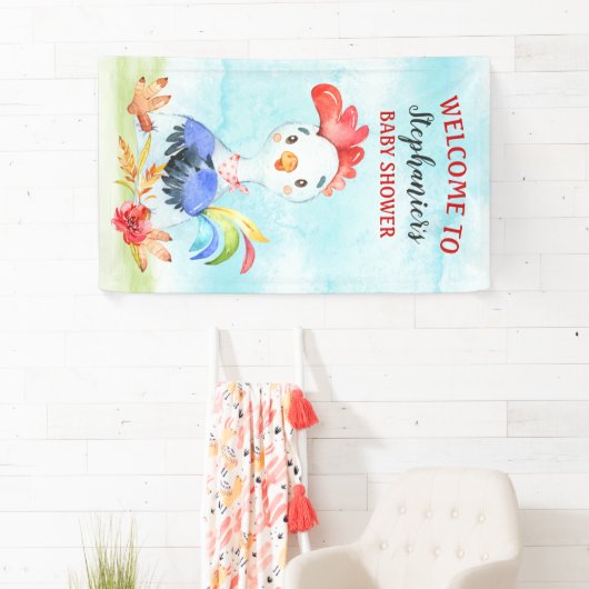 Waterverf Rooster Baby shower Boerderij Spandoek (Insitu)