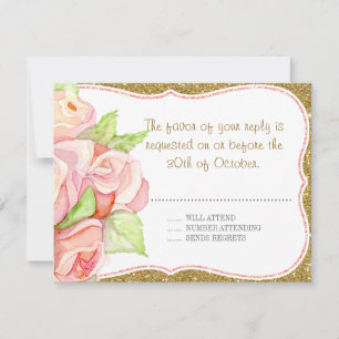 Waterverf Rose Bouquet Gold Blush Pink RSVP Kaartje