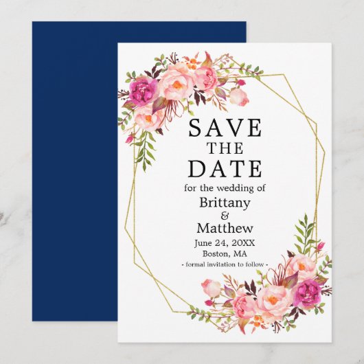 Waterverf Roses Geo Lijst Blue Save the Date (Voorkant / Achterkant)