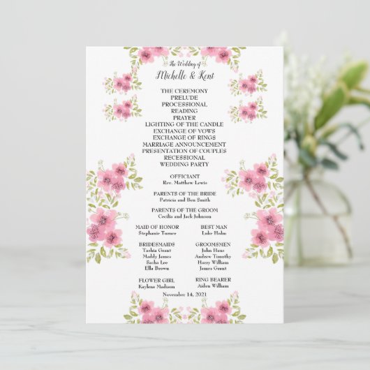 Waterverf Roze Anemone Weddenprogramma & Menu (Staand voorkant)