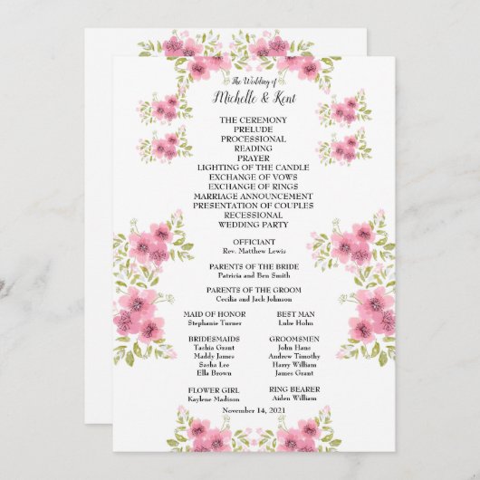 Waterverf Roze Anemone Weddenprogramma & Menu (Voorkant / Achterkant)