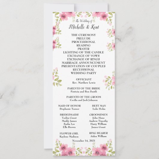 Waterverf Roze Anemone Weddenprogramma & Menu Kaart (Voorkant)