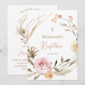 waterverf roze beige bloemen Doop Kaart (Voorkant / Achterkant)