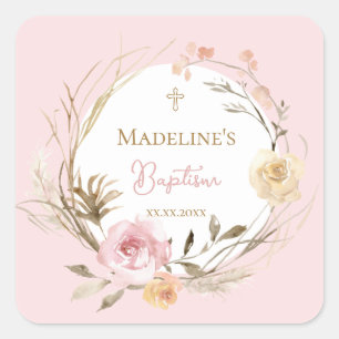 waterverf roze beige bloemen Doop Vierkante Sticker