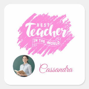 Waterverf Roze Beste Leraar in de Wereld Foto Vierkante Sticker