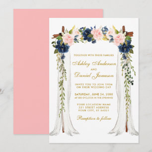 Waterverf roze blauw Floral Gold Kaart