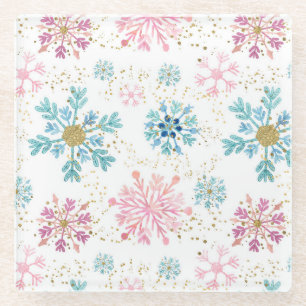 Waterverf Roze, Blauw & Goud Winter Sneeuwvlokken Glazen Onderzetter