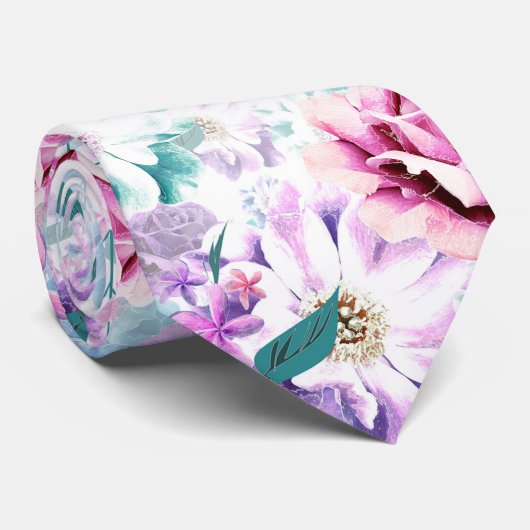 Waterverf roze, blauwe bloemen. stropdas (Opgerold)