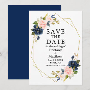 Waterverf Roze blauwe Rozen Gold Geo Lijst Save The Date