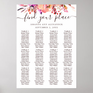 Waterverf roze bloem bruiloft zitplaatsenkaart poster
