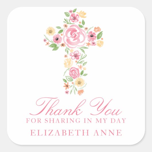 Waterverf Roze bloem Eerste Communie Vierkante Sticker (Voorkant)