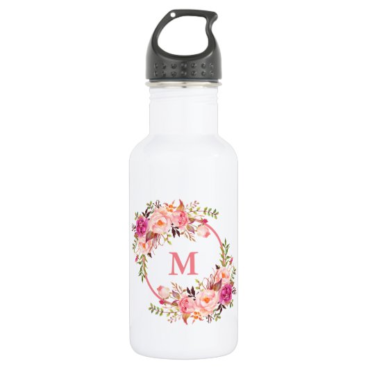 Waterverf Roze Bloem Monogram Waterfles (Voorkant)