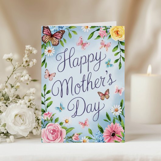 Waterverf Roze Bloem Vlinder Moederdag Kaart