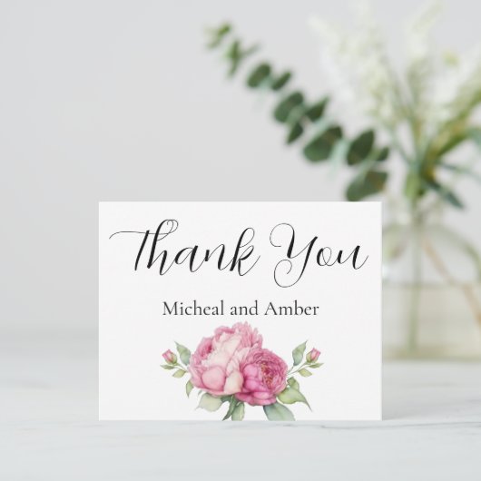 Waterverf roze bloemblaadjes roze pioenen roze roz bedankkaart (Staand voorkant)