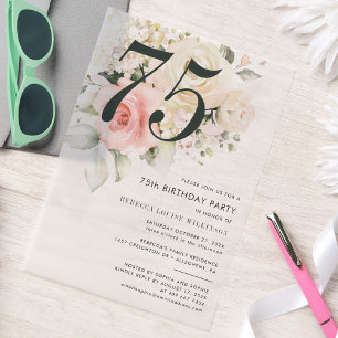 Waterverf Roze Bloemen 75e Verjaardagsfeest Vellum Uitnodigingen