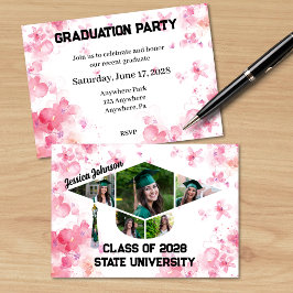 Waterverf Roze Bloemen Afstuderen Fotofeest Kaart