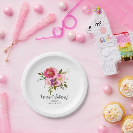 Waterverf Roze Bloemen Afstuderen Papieren Bordje (Feest)