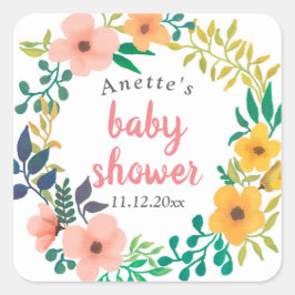 Waterverf Roze Bloemen | BABY SHOWER Vierkante Sticker