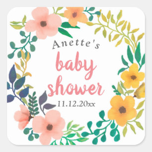 Waterverf Roze Bloemen BABY SHOWER Vierkante Sticker