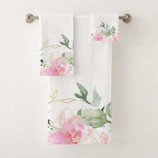Waterverf Roze Bloemen Badhanddoek set Bad Handdoek (Insitu)