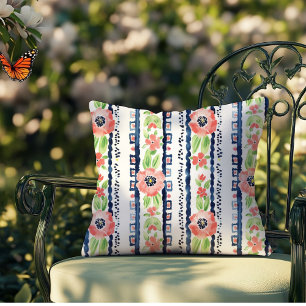Waterverf Roze Bloemen Blauw Strepen Groene Blader Kussen