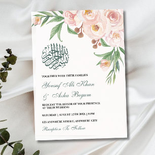 Waterverf Roze Bloemen Boeket Moslim Bruiloft Kaart