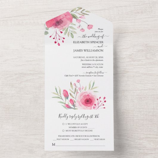 Waterverf roze bloemen bruiloft all in one uitnodiging (Binnen)