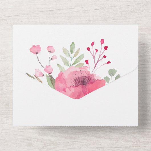 Waterverf roze bloemen bruiloft all in one uitnodiging (Achterkant)