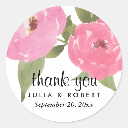 Waterverf roze bloemen chique bruiloft dank u ronde sticker (Voorkant)