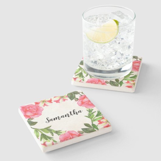 Waterverf Roze bloemen cirkel Wreater Stenen Onderzetter (Zijkant)