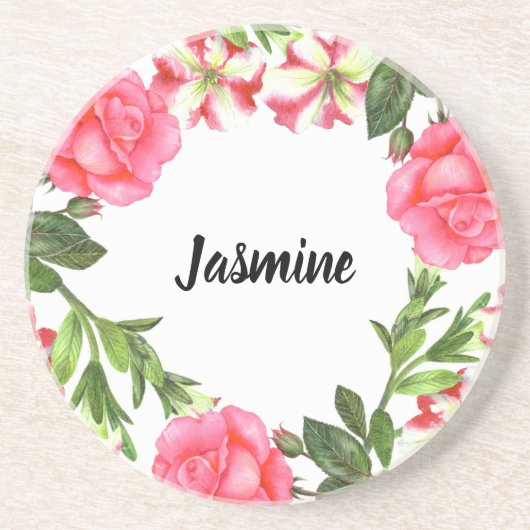 Waterverf roze bloemen cirkelvormig ontwerp zandsteen onderzetter (Voorkant)
