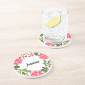 Waterverf roze bloemen cirkelvormig ontwerp zandsteen onderzetter (Zijkant)