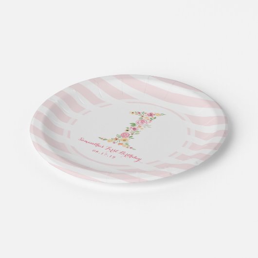 Waterverf Roze Bloemen Een Eerste Verjaardag Papieren Bordje (Gekanteld)