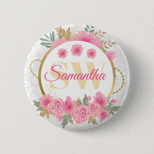 Waterverf Roze Bloemen en Goud Folie Monogram Ronde Button 5,7 Cm