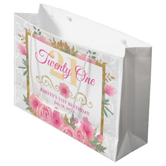 Waterverf Roze bloemen en goudflora op zaterdag Groot Cadeauzakje (Voorkant Gekanteld)