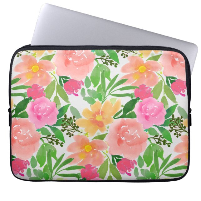 Waterverf roze bloemen en groene bladeren laptop sleeve (Voorkant)