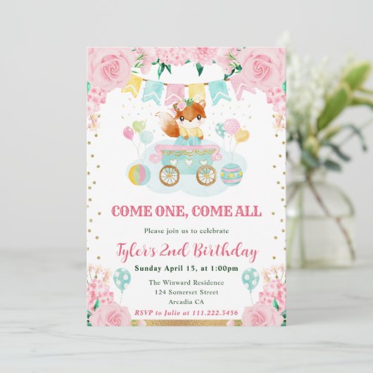 Waterverf Roze Bloemen Fox Kids Verjaardag Kaart (Staand voorkant)