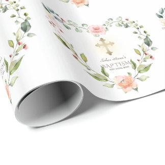 Waterverf Roze bloemen Gold Cross-Girl Baptisme Cadeaupapier