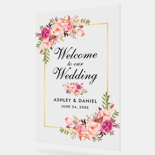Waterverf Roze Bloemen Goud Bruiloft Welkom Acryl Bord (Hoek)