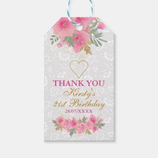Waterverf Roze Bloemen Goud Folie Verjaardag Cadeaulabel