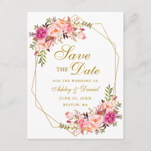 Waterverf Roze Bloemen Goud Lijst Save the Date Aankondigingskaart