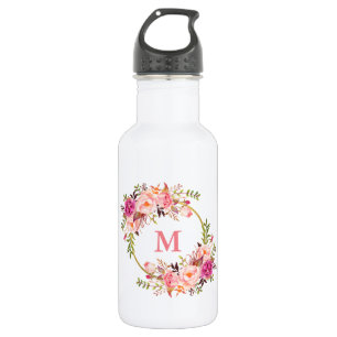 Waterverf Roze Bloemen Goud Monogram Waterfles