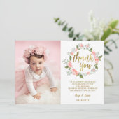 Waterverf Roze Bloemen Goud Verjaardag Dank u Kaart (Staand voorkant)