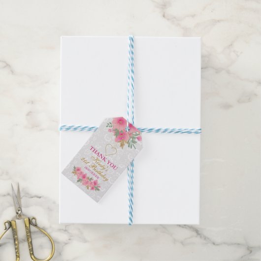 Waterverf Roze bloemen goudflaag Cadeaulabel (Met Touw)