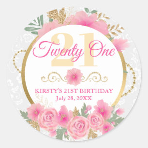 Waterverf roze bloemen & goudflora Birthday Party Ronde Sticker