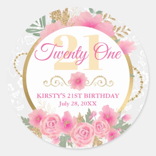 Waterverf roze bloemen & goudflora Birthday Party Ronde Sticker (Voorkant)