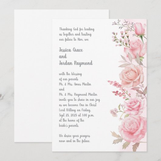 Waterverf Roze Bloemen Grens Huwelijksuitnodiging Kaart (Voorkant / Achterkant)