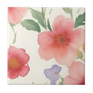 Waterverf Roze Bloemen Grote Print Bloemen Wit Tegeltje