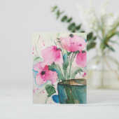 Waterverf roze bloemen in het vet briefkaart (Staand voorkant)