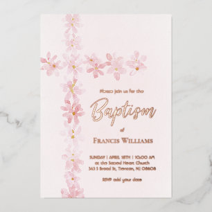 waterverf roze bloemen kruisen doop folie uitnodiging